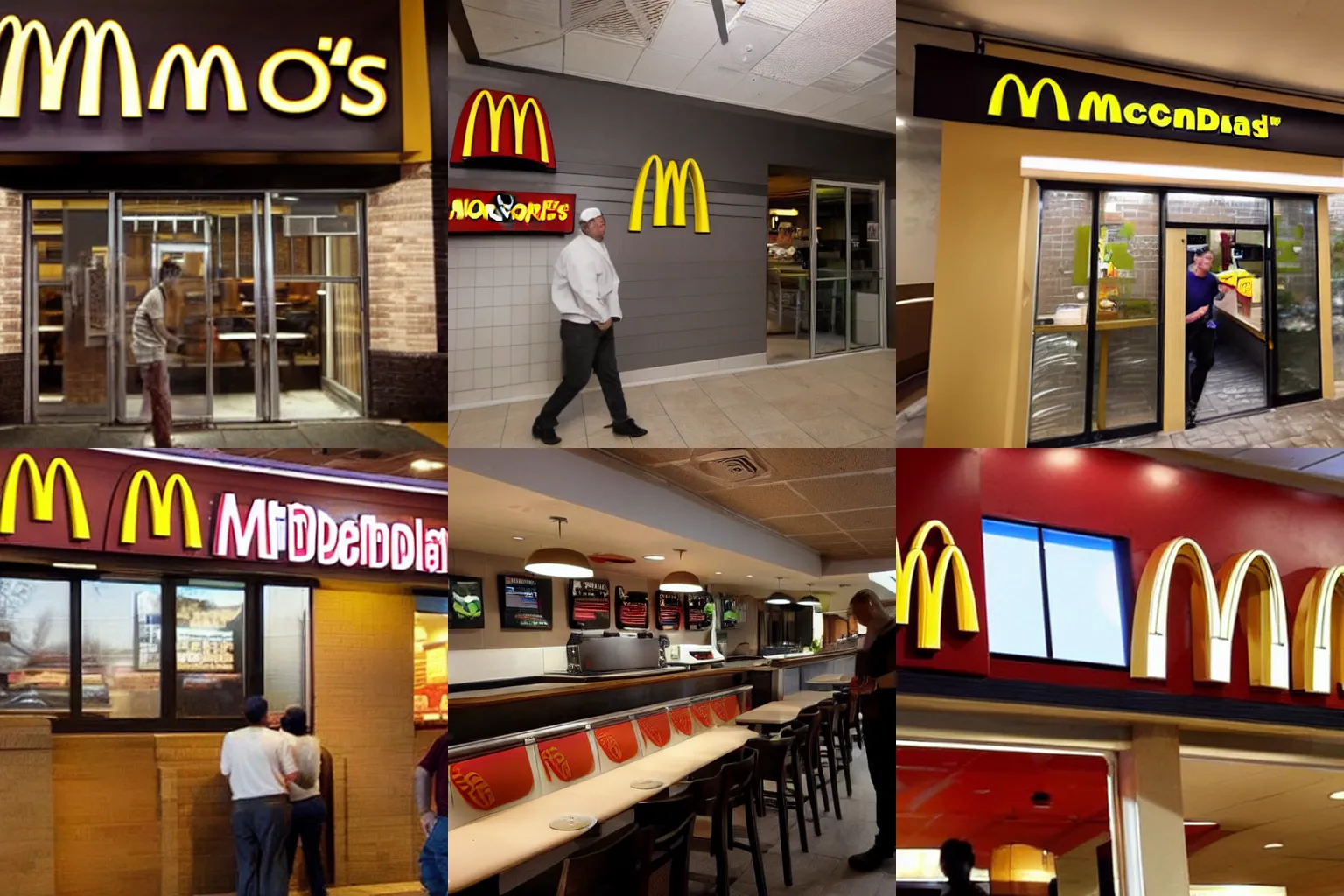 Prompt: man discovers a secret McDonalds restaurant, full of customers, behind a wall in his basement