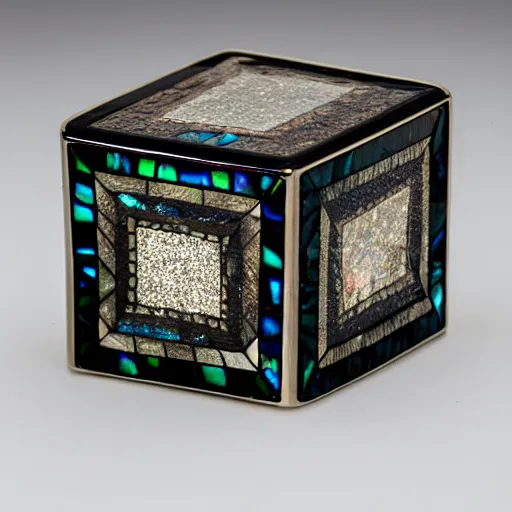 Prompt: black cube with intricate iridescent mother - of - pearl inlay