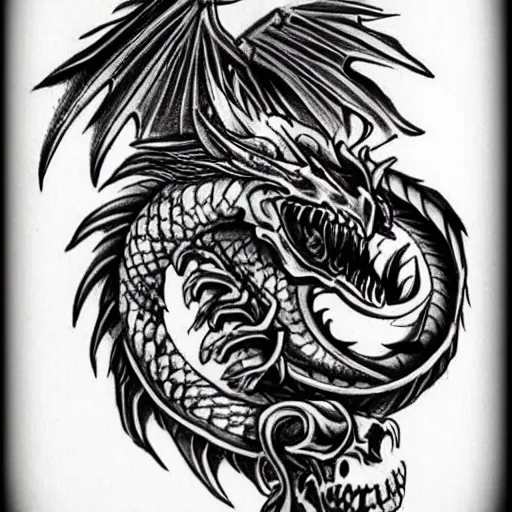 Image similar to Very detailed masterpiece tattoo sketch of Dragon with skull