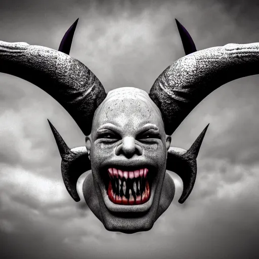 Image similar to Photo taken in the 2000's of a smiling demon with four horns and four wings, photorealistic, film still, desolate, terrifying, weird, strange, odd, uncanny, hyper realism, highly detailed, photorealism, smooth gradients, high contrast, photorealistic