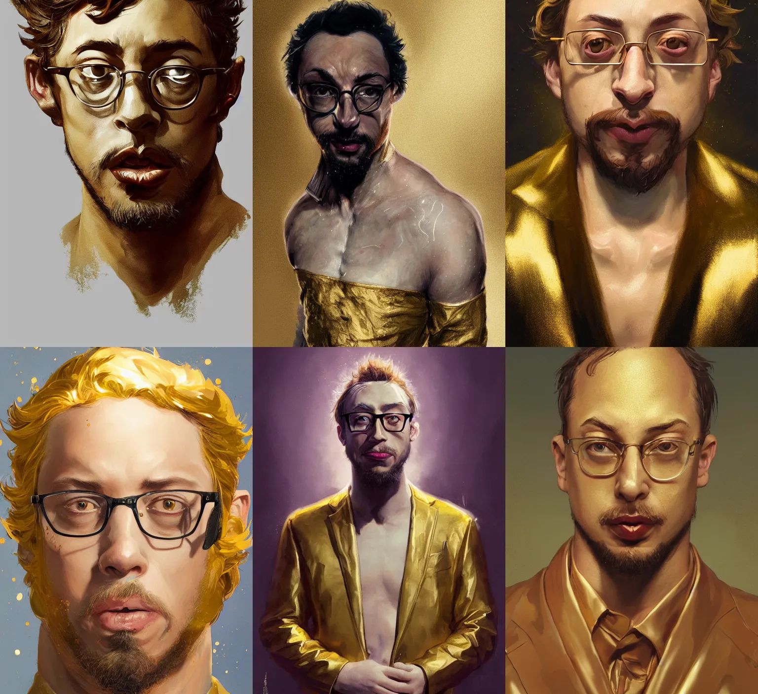 Prompt: sam hyde in gold suit, sigma male, accurately portrayed, portrait art by jesper ejsing and conrad roset, highly detailed, digital painting, concept art, illustration, ethereal lighting with twilight rays of lightning, trending on artstation, very detailed, smooth, sharp focus, octane render, close up