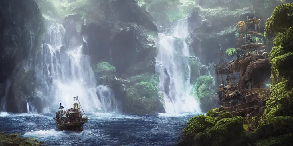 Image similar to a film still of a hidden pirate ship in a waterfall cave from goonies, medium shot, waist up, studio ghibli, pixar and disney animation, sharp, rendered in unreal engine 5, anime key art by greg rutkowski, bloom, dramatic lighting