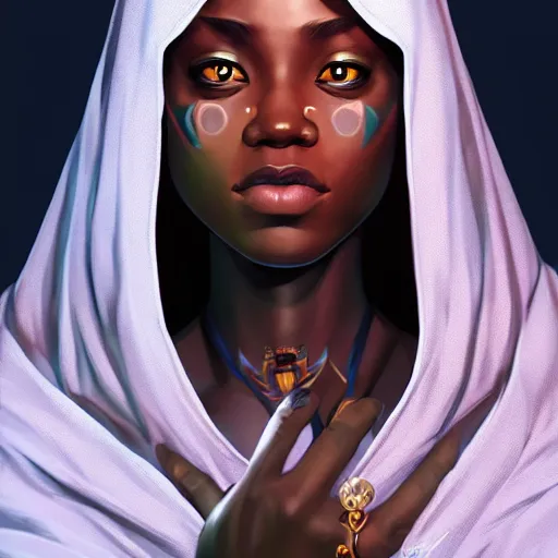 Image similar to african female, jedi master, wearing the traditional jedi robe, beautiful and uniquely odd looking, detailed symmetrical close up portrait, intricate complexity, in the style of artgerm and ilya kuvshinov, magic the gathering, star wars art