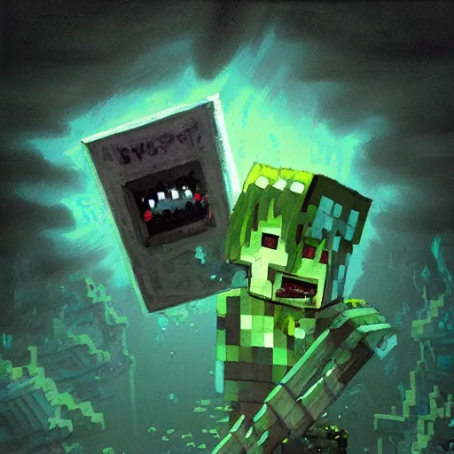 Image similar to painting by greg rutkowski of a minecraft drowned zombie with glowing cyan eyes, wearing ragged clothing and and algae growing on it, holding a trident, underwater