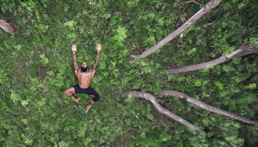 Prompt: lebron james doing yoga in the forest, cnn news footage taken from above.