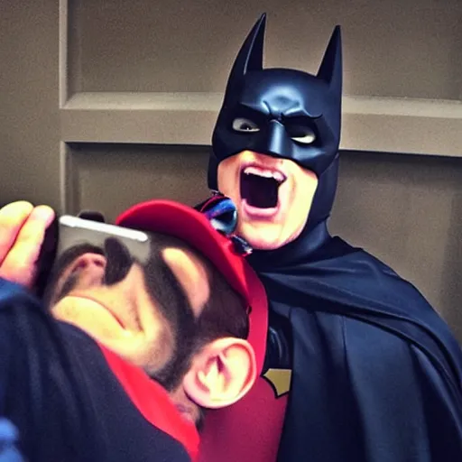 Image similar to batman happy to take a selfie with mario