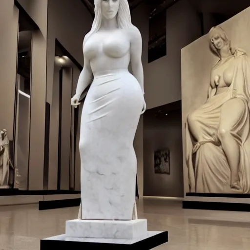 Image similar to a realistic modern white marble statue of kim kardashians displayed in a museum art gallery, photorealistic, super detailed, hyper realistic, 8 k