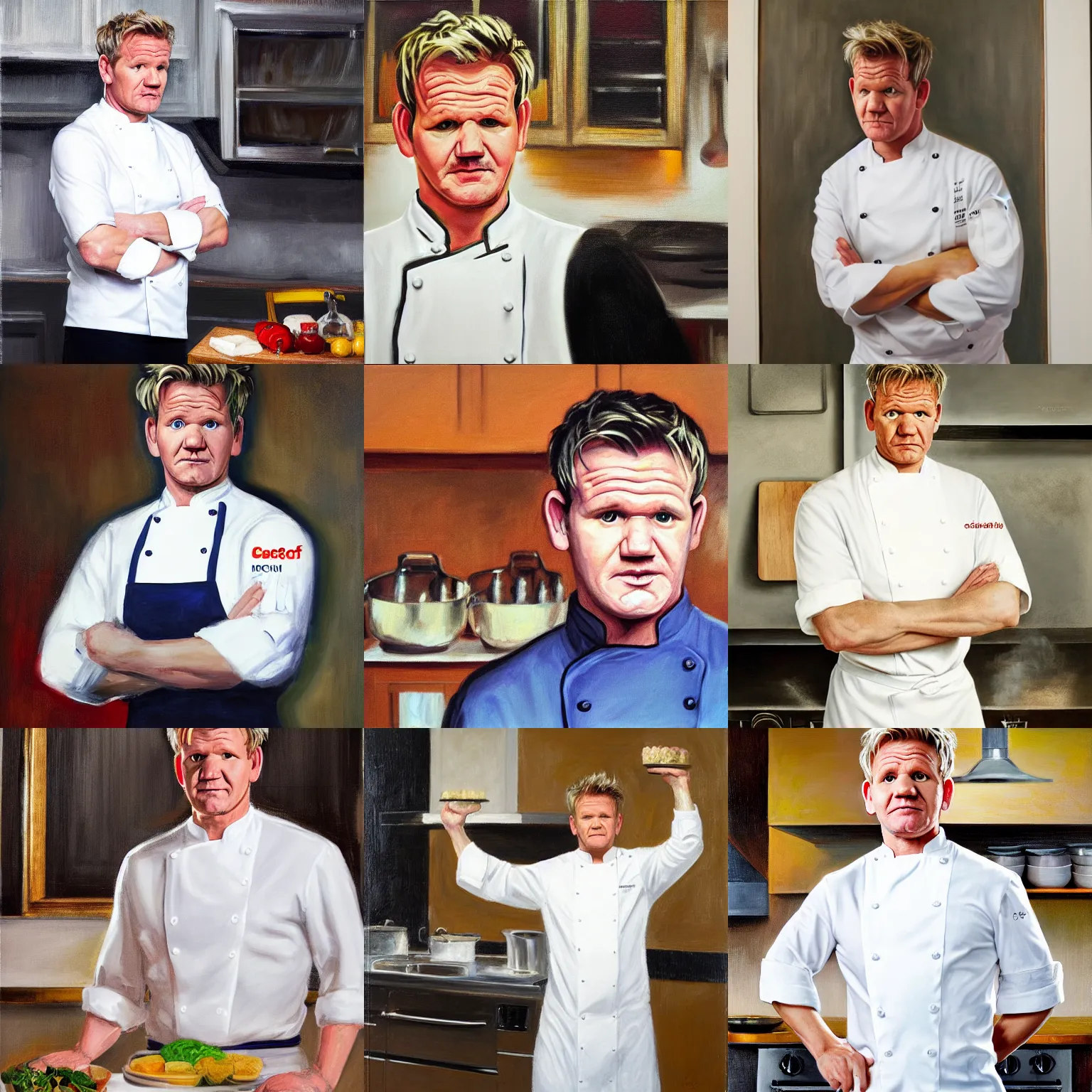 Prompt: Medium full shot, Gordon Ramsay wearing a chef's uniform in a kitchen, oil on canvas, classicism style