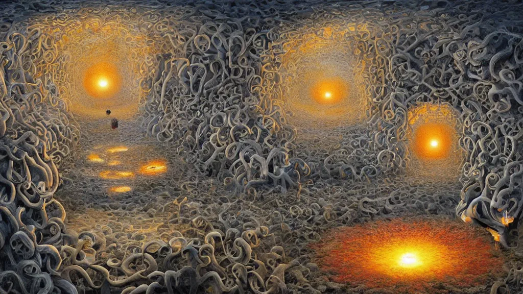 Image similar to the seven circles of hell in the styles of igor morski, jim warren, and rob gonsalves, intricate, volumetric lighting, fiery, imaginative