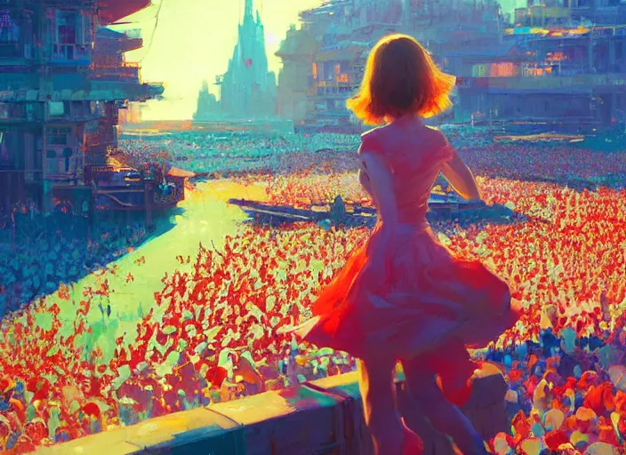 Image similar to gorgeous bright girl waving a red flag over her head running through Mandelbrot fractal crowd by Craig Mullins, ilya kuvshinov, krenz cushart, artgerm trending on artstation by Edward Hopper and Dan Mumford and WLOP and Rutkovsky, Unreal Engine 5, Lumen, Nanite