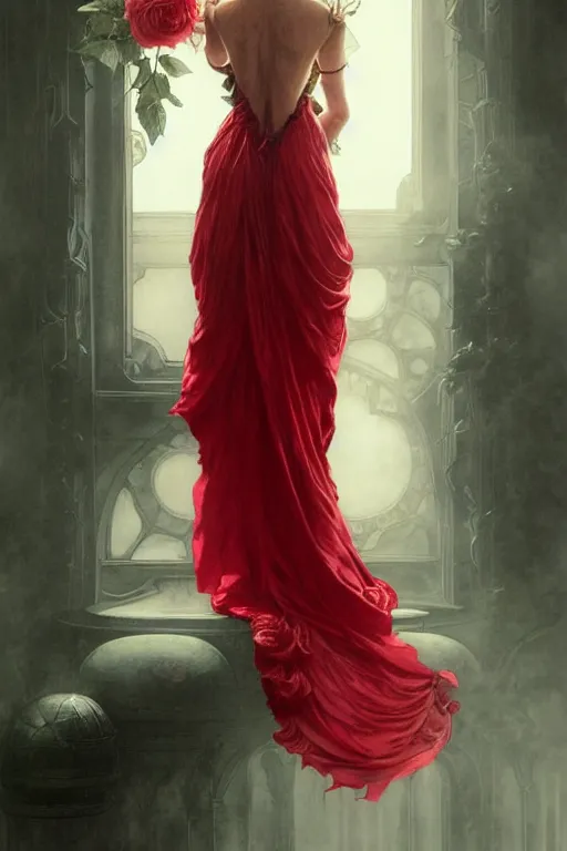 Prompt: woman dressed in a vaporous wrapped large victorian red roses silk semi-transparent dress fashion is running D&D, fantasy, intricate, elegant, highly detailed, digital painting, artstation, concept art, matte, sharp focus, illustration, art by Artgerm and Greg Rutkowski and Alphonse Mucha