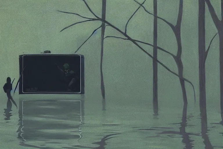 Image similar to scene from louisiana swamps, trailer in the woods, old couch, broken tv, parachute in a tree, voodoo artwork by tim eitel