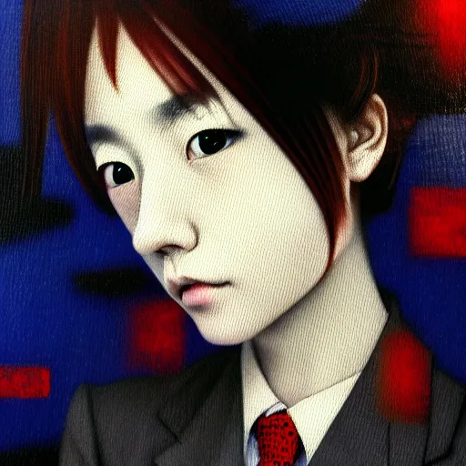 Image similar to yoshitaka amano blurred and dreamy realistic three quarter angle portrait of a young woman with short hair and black eyes wearing office suit with tie, junji ito abstract patterns in the background, satoshi kon anime, noisy film grain effect, highly detailed, renaissance oil painting, weird portrait angle, blurred lost edges