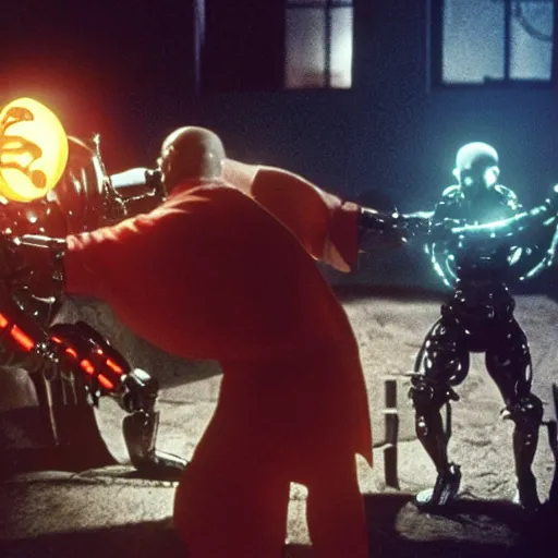 Prompt: cenobites fighting a sentient cube cyborg. Dark biohazard facility lit by glowing plutonium. Horror film photograph.