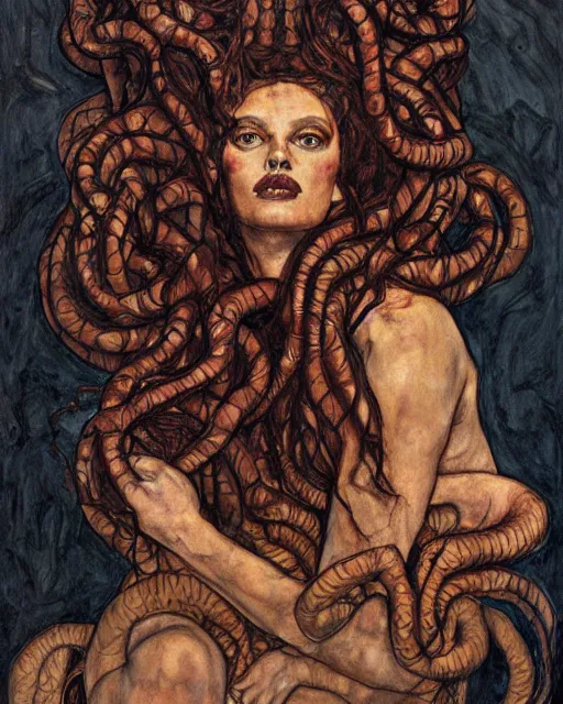 Image similar to portrait of a powerful medusa with many pythons by greg rutkowski in the style of egon schiele