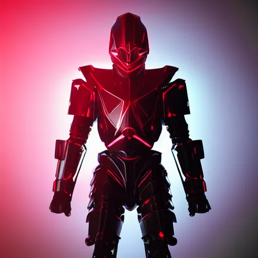 Image similar to “ shiny black angular polygonal sci - fi armor cinematic shot dynamic pose red glowing lines deviant art art station 4 k octane render bloom effect ”