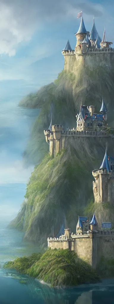 Prompt: a painting of a castle in the middle of a body of water, a detailed matte painting by hayao miyazaki, cgsociety, fantasy art, anime aesthetic, official art, anime