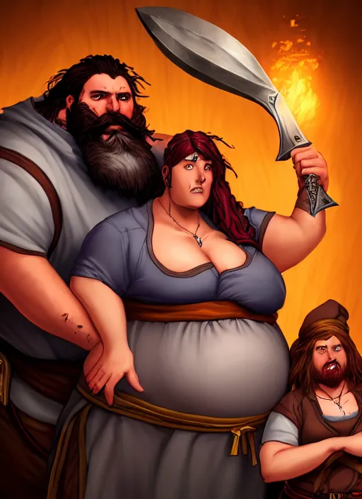 Image similar to an epic fantasy comic book style portrait painting of a hearty man with a big belly and thick beard and large woman who are a couple in a tavern with them both wearing aprons, unreal 5, daz, hyperrealistic, octane render, cosplay, rpg portrait, dynamic lighting