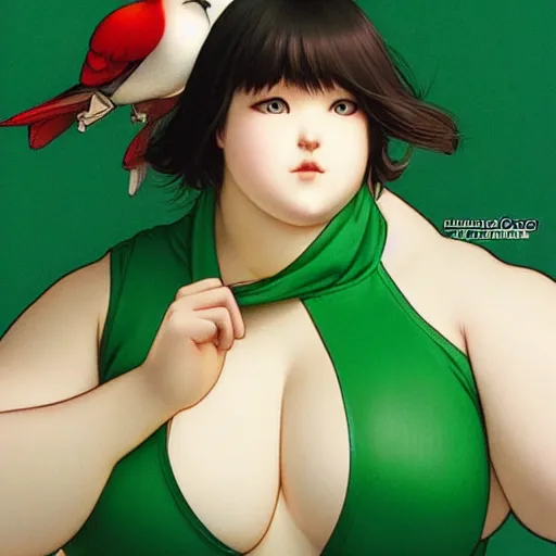 Image similar to masculine slightly overweight chonky pigeon in a green onepiece body suit, by Range Murata and Mucha