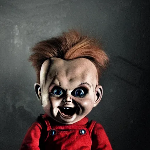 Prompt: Chucky the killer doll standing in a dark room holding a knife, scary lighting