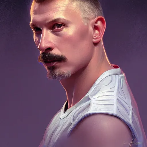 Image similar to beautiful portrait of hockey coach Larionov Igor, fantasy, intricate, elegant, highly detailed, digital painting, artstation, concept art, smooth, sharp focus, luxury fashion illustration, art by artgerm and greg rutkowski and alphonse mucha, brightly lit cinematic soft lighting, photorealistic