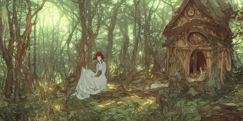 Prompt: an elvish Fairy house in the Woods, fantasy, art nouveau, daylight, warm light, spring, studio ghibli, Moebius, alphonse mucha, siya oum, ultra detailed, High definition, Sharp, artstation