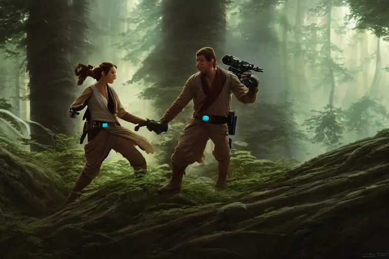 Image similar to star wars luke and leia on endor, jesper ejsing, james jean, justin gerard, tomasz alen kopera, cgsociety, fenghua zhong, makoto shinkai, octane render, highly detailed, rim light, art, cinematic lighting, very coherent, hyper realism, high detail, 8 k