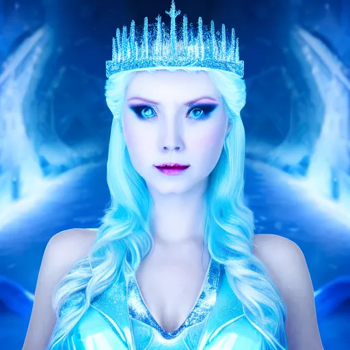 Prompt: photo of a real-life very beautiful ice queen, 4k