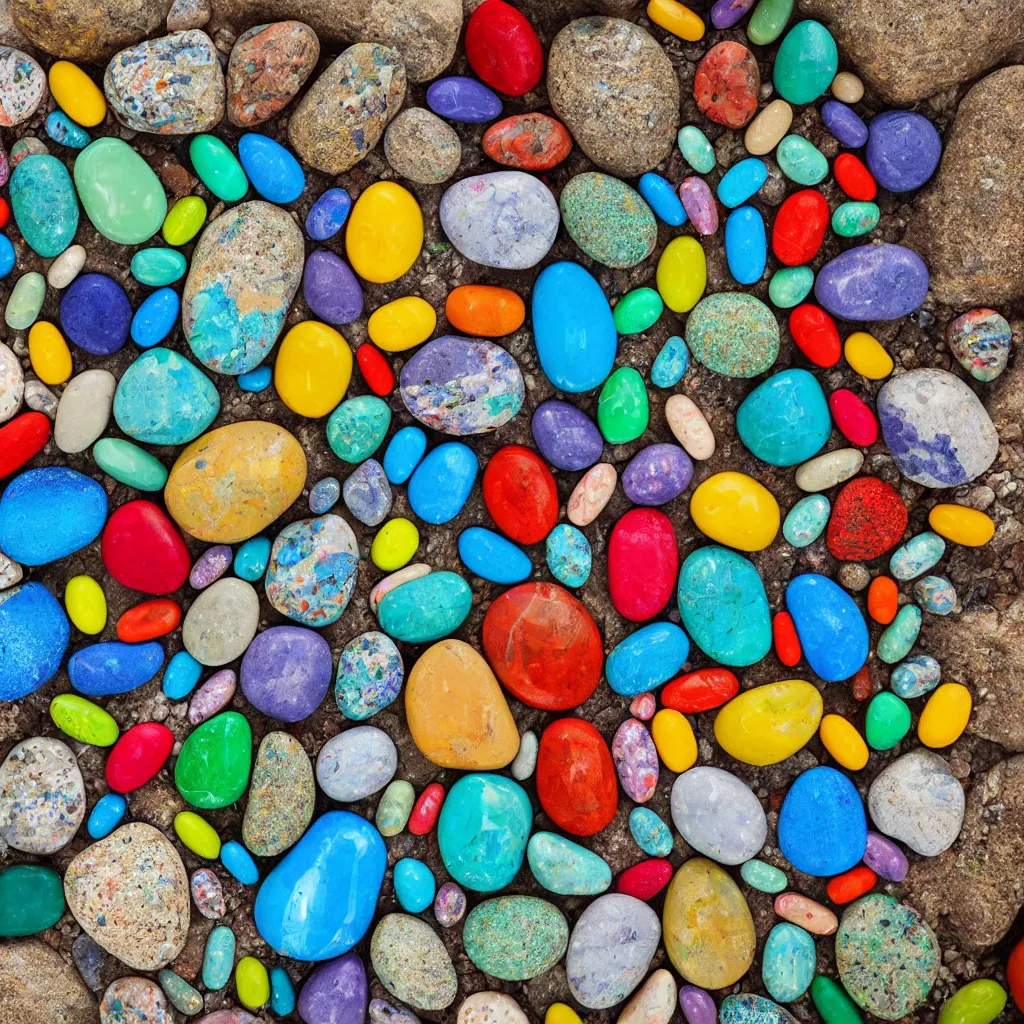 Image similar to rainbow rocks outdoor sculpture, desert with pills of bright blue water, birds eye view