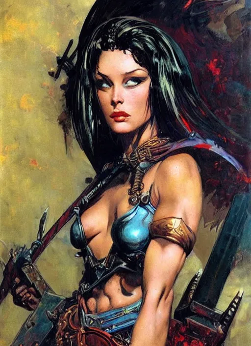 Prompt: portrait of female chaos angel, beautiful! coherent! by frank frazetta, by brom, strong line, deep color, armor, volumetric hair, high contrast, maximalist