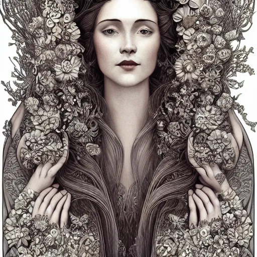 Prompt: facial portrait of a young pretty woman in flowing dress, arrogant, mysterious, long fine flowing hair, delicate, looking at camera, slightly awkward smile, realistic face, hands behind back, intricate, stylish, elegant, grimdark fantasy, flowers, art nouveau, extremely detailed painting inspired by Gerald Brom and Ernst Haeckel and Kaluta