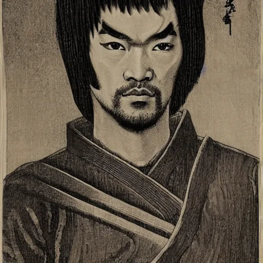 Prompt: engraving portrait of bruce lee in japanese ninja outfit by albrecht durer