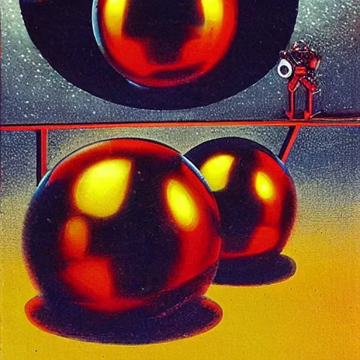 Prompt: chrome spheres on a red cube by ed emshwiller