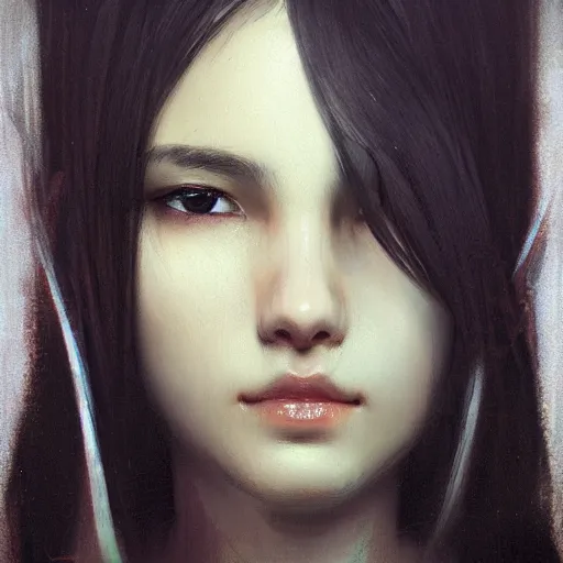 Image similar to a cute girl by ruan jia, closeup headshot, black horsetail hair, black eyes