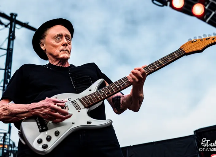 Image similar to photo still of christopher walken on stage at vans warped tour!!!!!!!! at age 5 5 years old 5 5 years of age!!!!!!! shredding on guitar, 8 k, 8 5 mm f 1. 8, studio lighting, rim light, right side key light