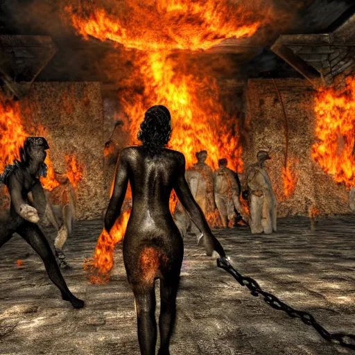 Image similar to astrid willa eide hoem burns in hell and get enslaved by the devil himself, realistic, hdr, clear image, hdd, dynamic lighting,