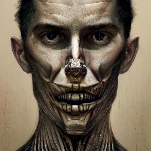 Image similar to surreal portrait of a man by Greg Rutkowski and H.R Giger, symmetrical face, he is about 30 years old, west slav features, short blonde hair with bangs, attractive, smart looking, slim, somewhat androgenic, transformed into a kind of biomechanical transhuman god, disturbing, terrifying but fascinating, with a determined and sinister expression on his face, cosmic void background, frightening, fascinating, highly detailed portrait, digital painting, book cover, artstation, concept art, smooth, sharp foccus ilustration, Artstation HQ