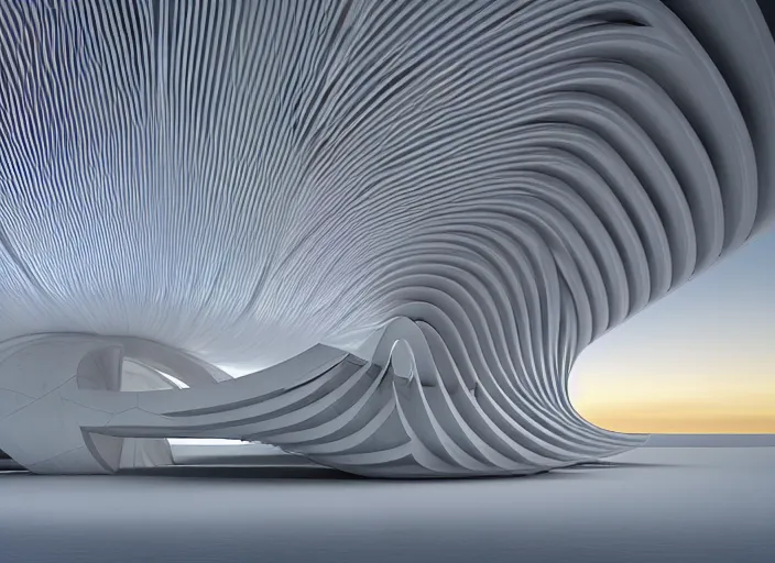 Image similar to designed by santiago calatrava ; highly detailed ultra sharp 3 d render villa interior cinematic composition of a smooth ceramic porcelain biomorphic magnolia stone nebula fluid fractal sci - fi surreal architecture