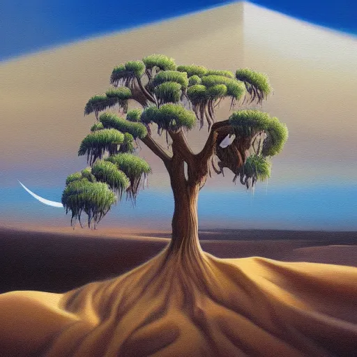 Prompt: a painting of a tree in the desert, an airbrush painting by breyten breytenbach, cgsociety, neo - primitivism, apocalypse landscape