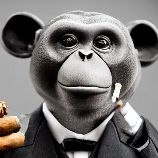 Image similar to a high detail closeup shot of a depressed monkey wearing a suit and smoking a cigar