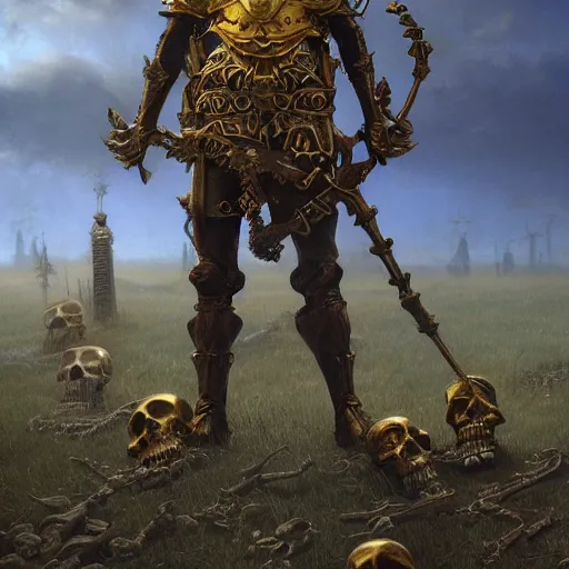 Image similar to anthropomorphic shiba inu, gold armor, standing on hill, graveyard full of bones and skulls, stuning fantasy 3 d render, masterpiece, glowing dark aura, by donato giancola and greg rutkowski and wayne barlow and zdzisław beksinski, realistic face