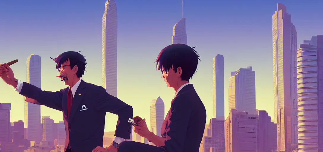 Image similar to ⁠portrait of Joe Biden Smoking a cigar , Karachi skyline background, rich vivid colors, ambient lighting, dynamic lighting, 4k, HQ, official media, anime key visual, makoto shinkai, ilya kuvshinov, lois van baarle, rossdraws, detailed, trending on artstation