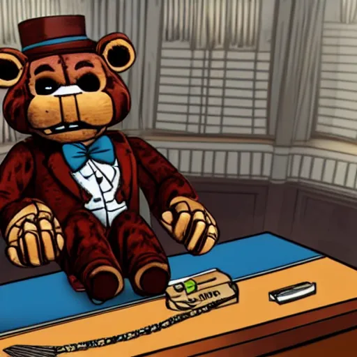 Image similar to Freddy Fazbear running for president, sitting at the presidents desk