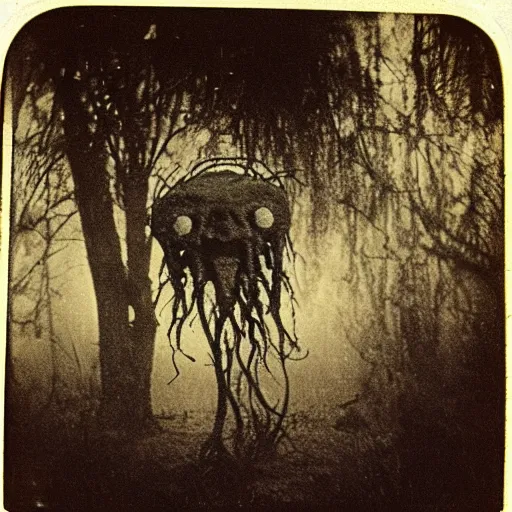 Image similar to creepy lovecraftian monster in swamp, 1910 Polaroid photo