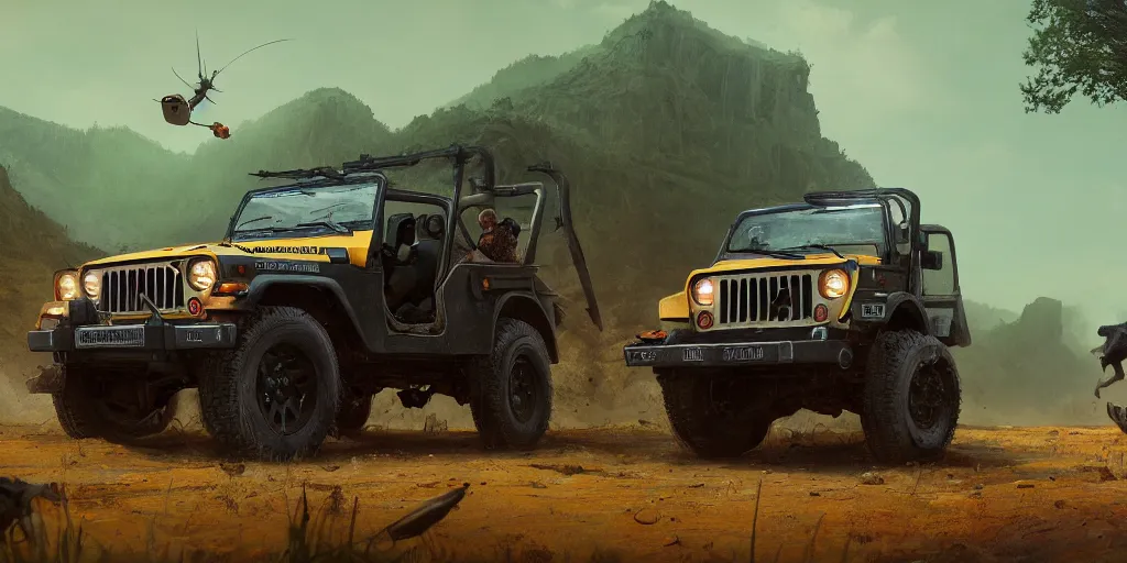 Image similar to Mahindra thar, headlights turned on, animals attacking, furious action scene, an epic fantasy, dramatic lighting, cinematic, establishing shot, extremely high detail, photorealistic, cinematic lighting, matte painting, artstation, by simon stalenhag, horizon forbideen west