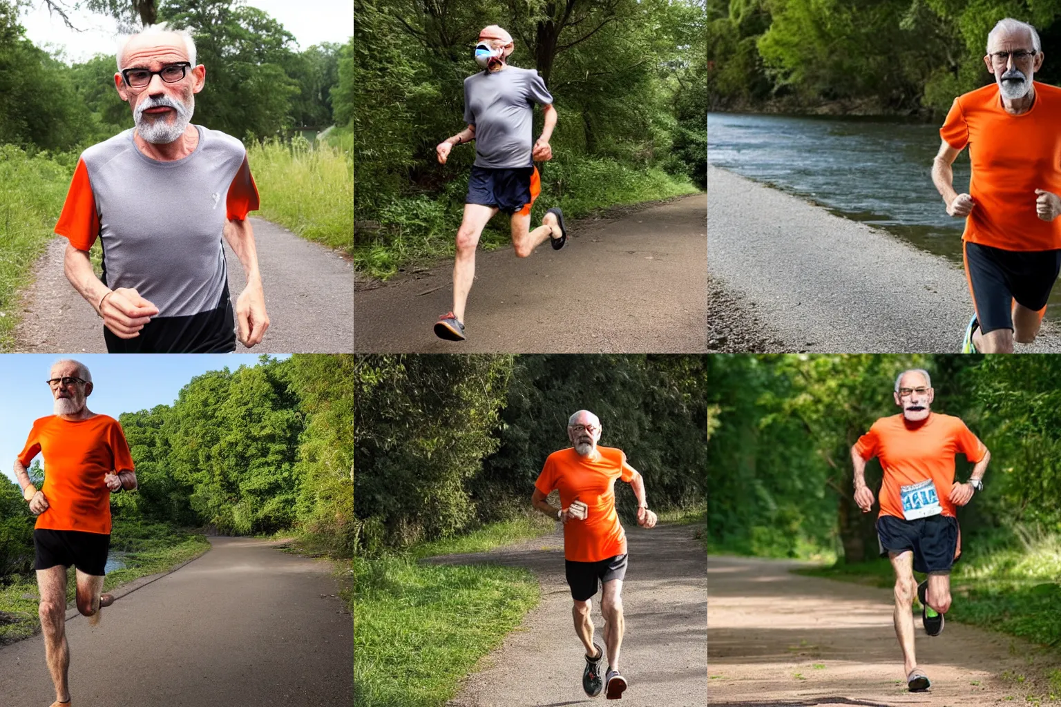 Prompt: a skinny old man with glasses, a very short grey beard and moustache, wearing an orange t-shirt, running barefoot along a path beside a wide river, other runners behind him