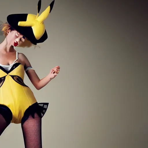 Image similar to elegant woman dressed up as pikachu, wearing stockings, modern photo by Annie Liebovitz