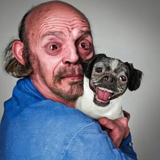 Prompt: worlds ugliest man with his ugly dog, portrait photography
