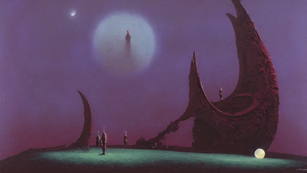 Image similar to mysterious whimsical sculpture of an alien crescent moon by paul lehr and john schoenherr and john harris, cinematic matte painting