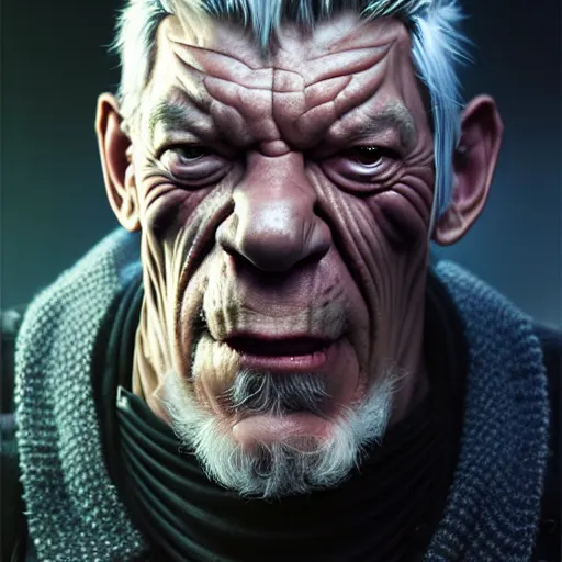 Image similar to portrait painting of a cyberpunk orc doctor muscular ian mckellen with fangs and tusks, ultra realistic, concept art, intricate details, eerie, highly detailed, photorealistic, octane render, 8 k, unreal engine. art by artgerm and greg rutkowski and charlie bowater and magali villeneuve and alphonse mucha